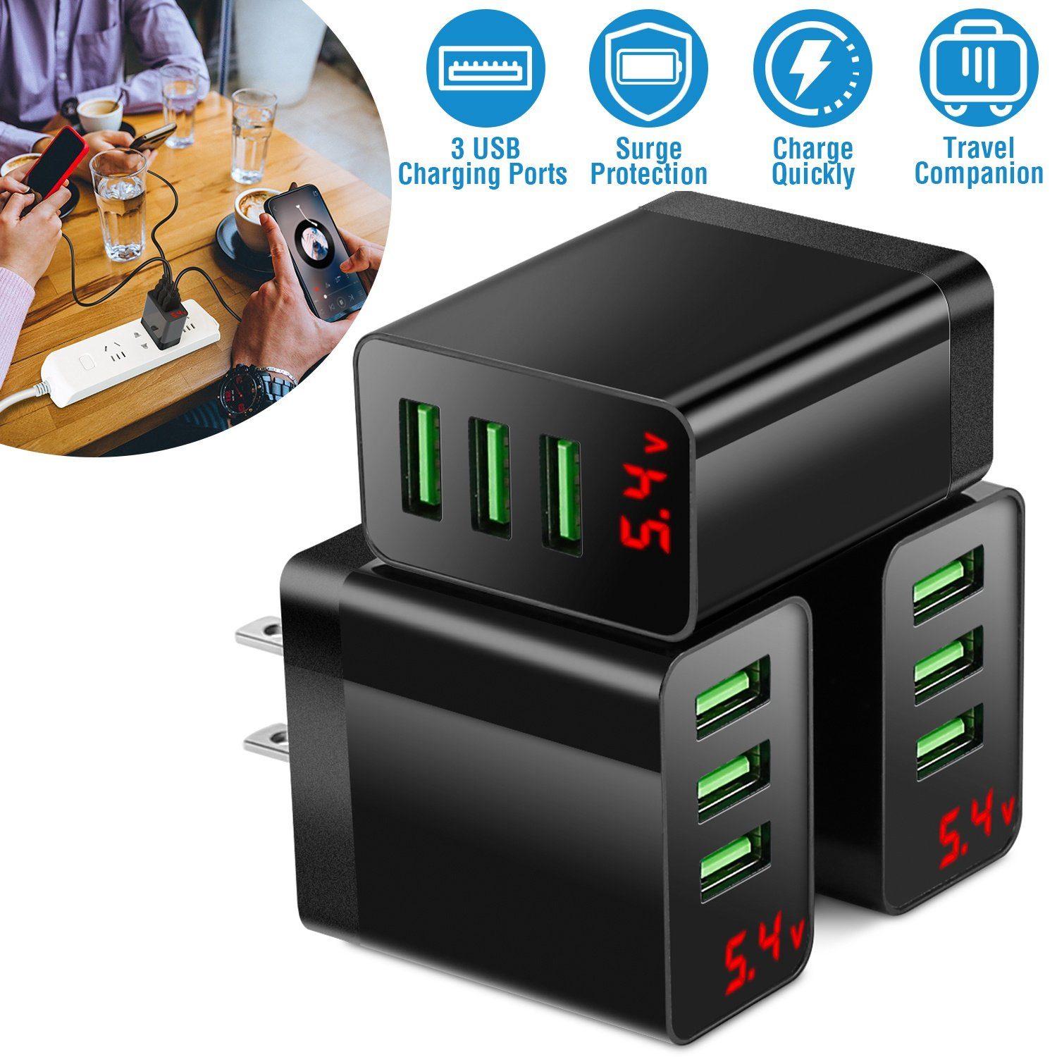 3-Pack: 3-Port USB Wall Charger Mobile Accessories - DailySale