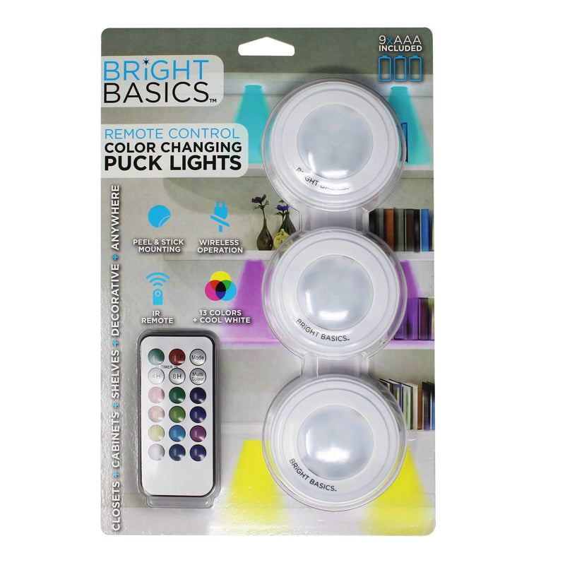 3-Pack: Bright Basics Color Changing Wireless Led Puck Lights With Remote Control Lighting & Decor - DailySale