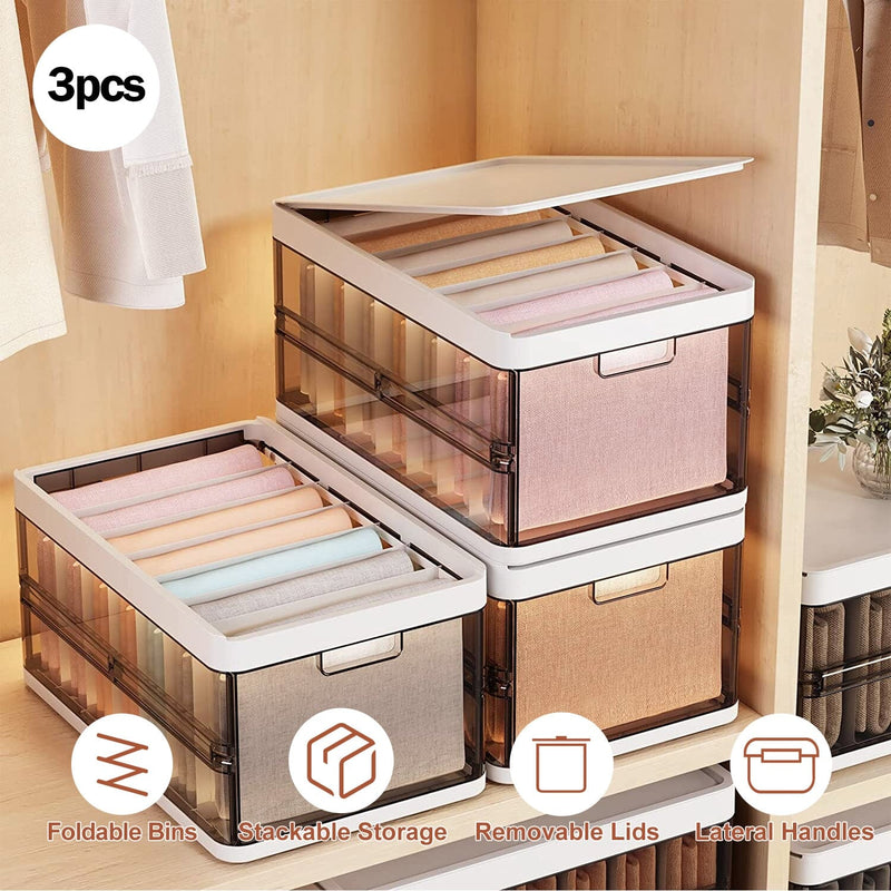Pack Plastic Collapsible Storage Bins with Lids, Stackable Closet