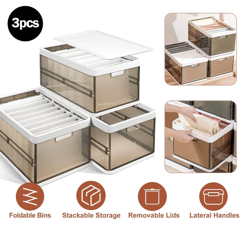 3-Pack: Foldable Storage Bin with Lid Stackable Plastic Closet Organizer Closet & Storage - DailySale