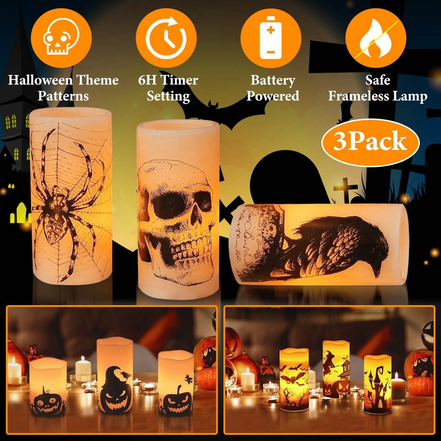 3-Pack: Halloween Battery Operated Flameless Candle Lamp with Timer Setting Holiday Decor & Apparel - DailySale