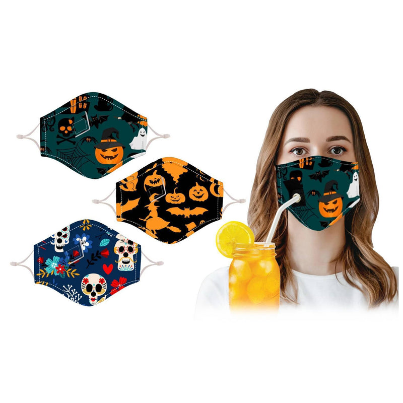 3-Pack: Halloween Special Reusable Face Mask With Drinking Straw Hole Face Masks & PPE - DailySale