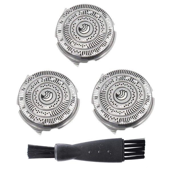 View of 3-Pack HQ9 Shaver Heads Blades Cutter Replacement for Philips Norelco Speed with cleaning brush on a white surface