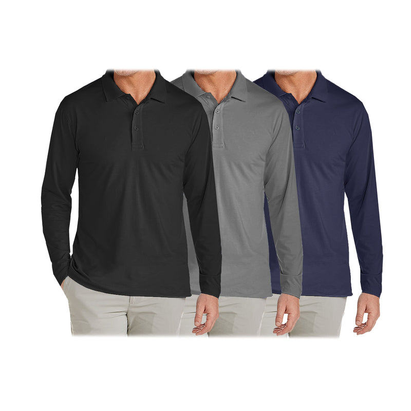3-Pack: Men's Long Sleeve Pique Polo Shirts Men's Clothing Black/Charcoal/Navy S - DailySale