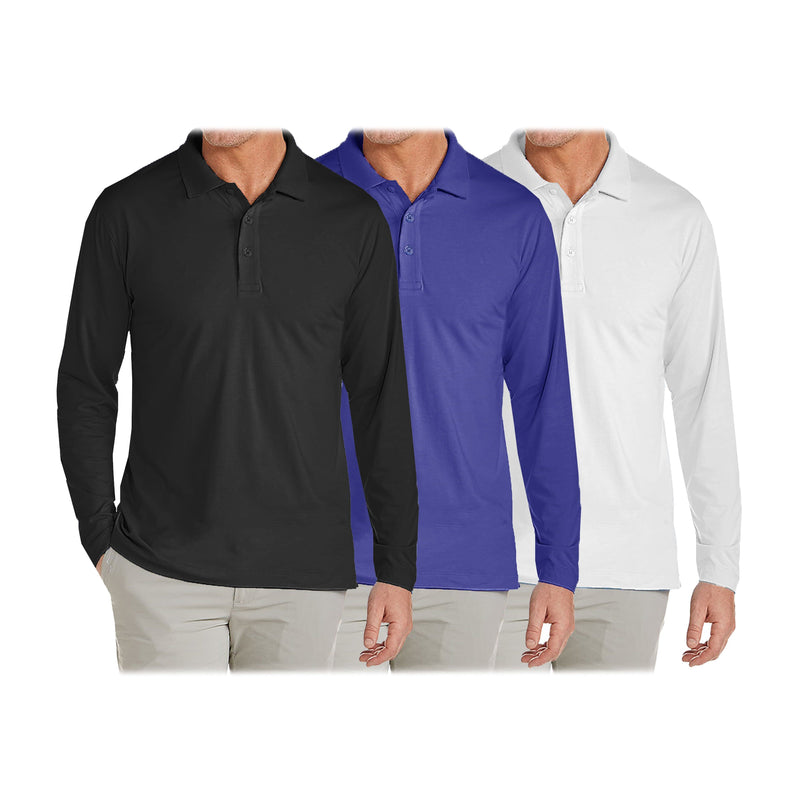 3-Pack: Men's Long Sleeve Pique Polo Shirts Men's Clothing Black/Royal/White S - DailySale