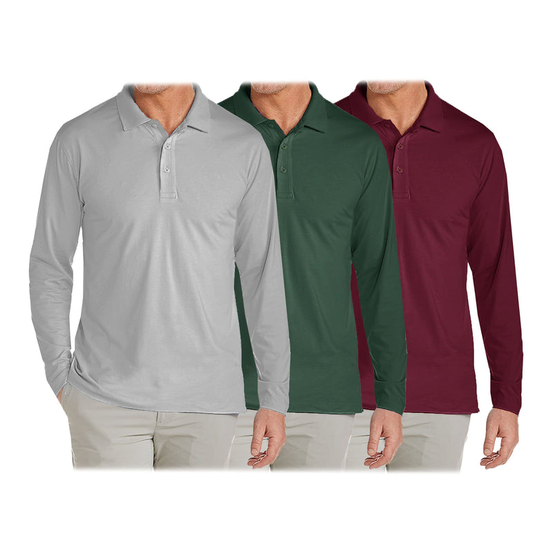 3-Pack: Men's Long Sleeve Pique Polo Shirts Men's Clothing Heather Gray/Hunter/Burgundy S - DailySale