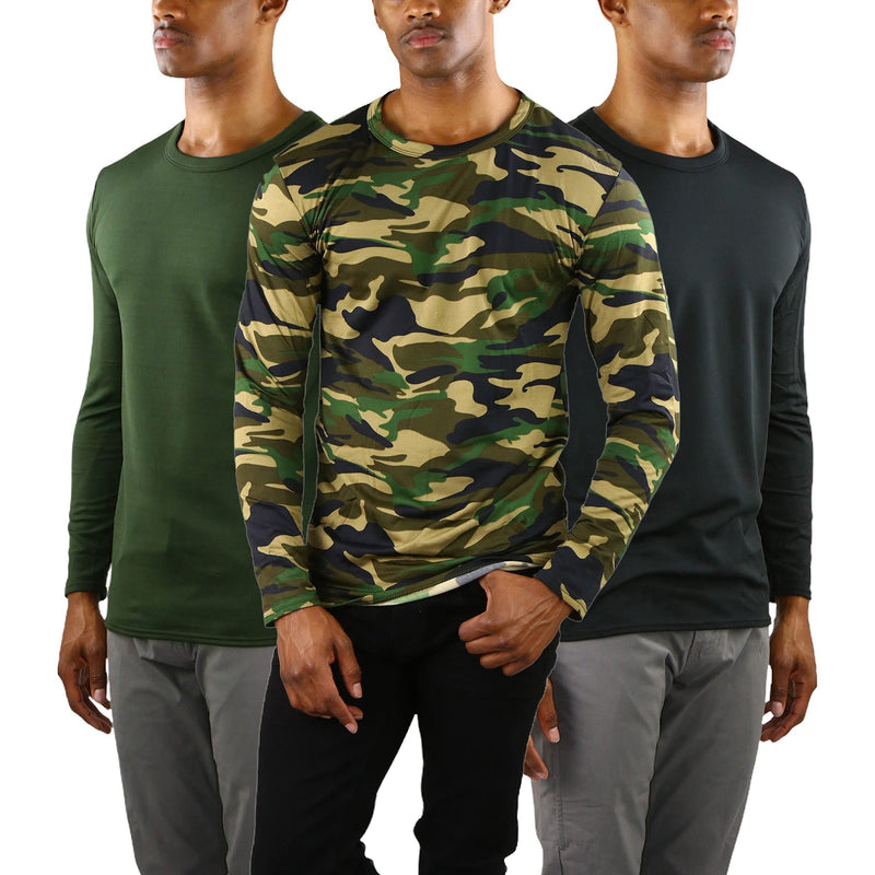 3-Pack: Men's Premium Fleece Lined Microfiber Thermal Long Sleeve Crewneck Shirt Top Men's Tops Black/Green/Green Camo S - DailySale