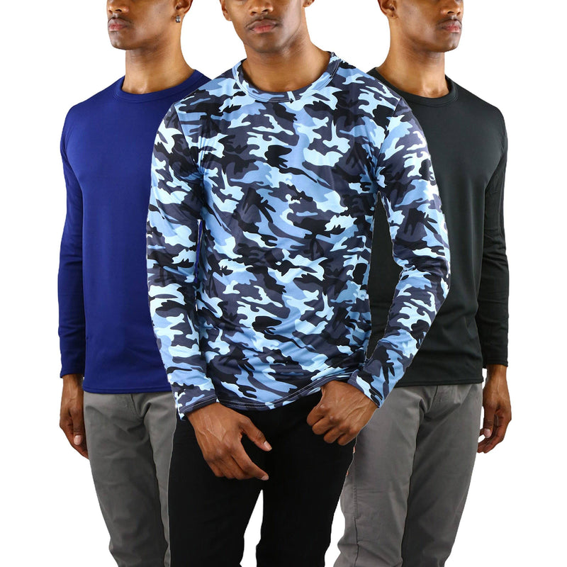 3-Pack: Men's Premium Fleece Lined Microfiber Thermal Long Sleeve Crewneck Shirt Top Men's Tops Black/Navy/Blue Camo S - DailySale