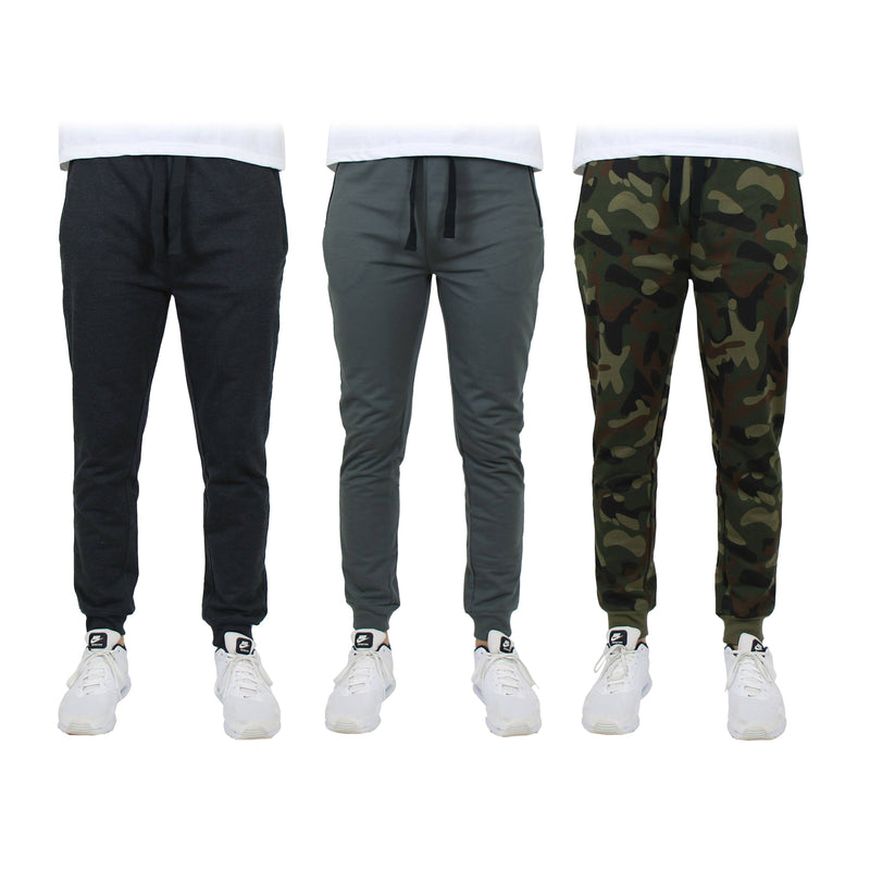 3-Pack: Men's Slim Fitting French Terry Jogger Lounge Pants with Zipper Pockets Men's Clothing Black/Charcoal/Camo S - DailySale