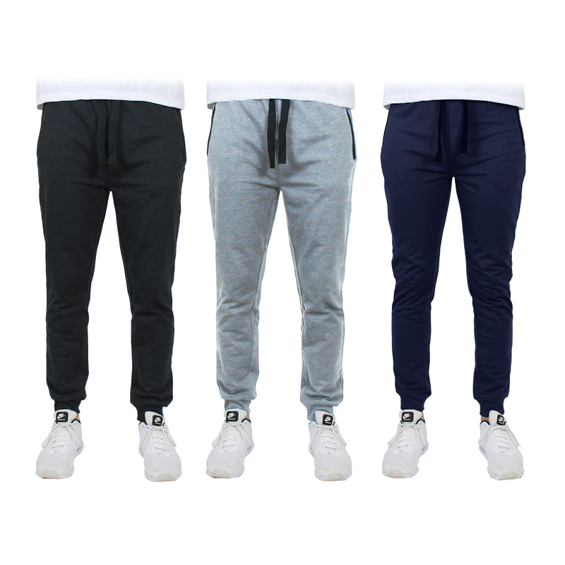 3-Pack: Men's Slim Fitting French Terry Jogger Lounge Pants with Zipper Pockets Men's Clothing Black/Heather Gray/Navy S - DailySale