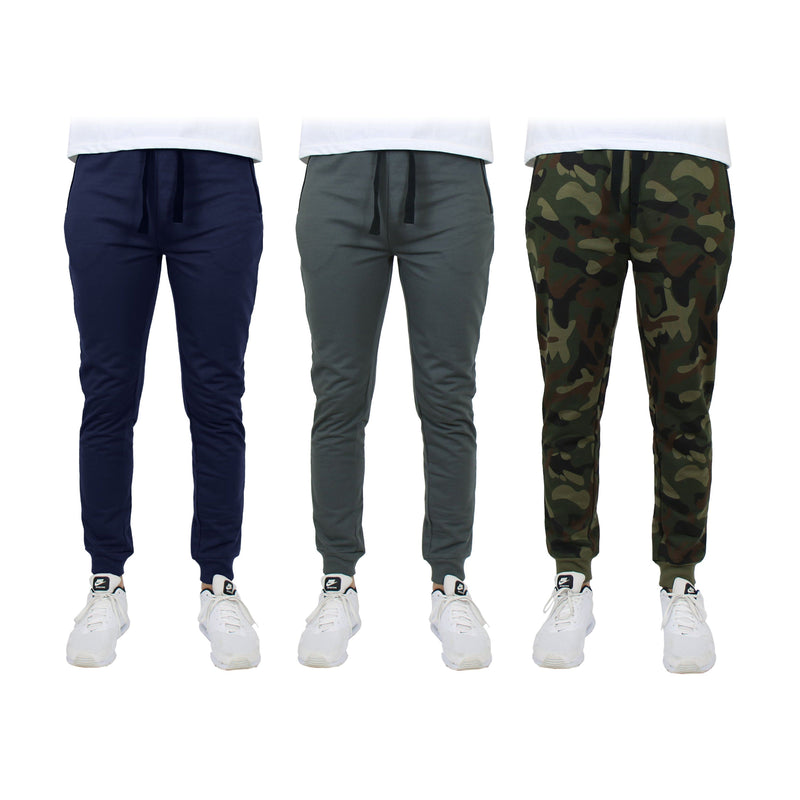 3-Pack: Men's Slim Fitting French Terry Jogger Lounge Pants with Zipper Pockets Men's Clothing Navy/Charcoal/Camo S - DailySale