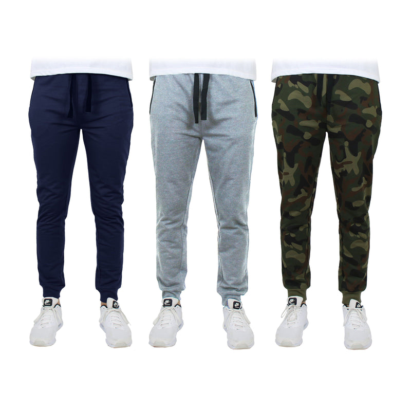 3-Pack: Men's Slim Fitting French Terry Jogger Lounge Pants with Zipper Pockets Men's Clothing Navy/Heather Gray/Camo S - DailySale