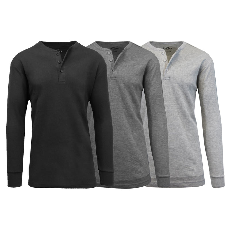 3-Pack: Men's Waffle-Knit Thermal Henley Tees Men's Clothing Black/Charcoal/Heather Gray S - DailySale