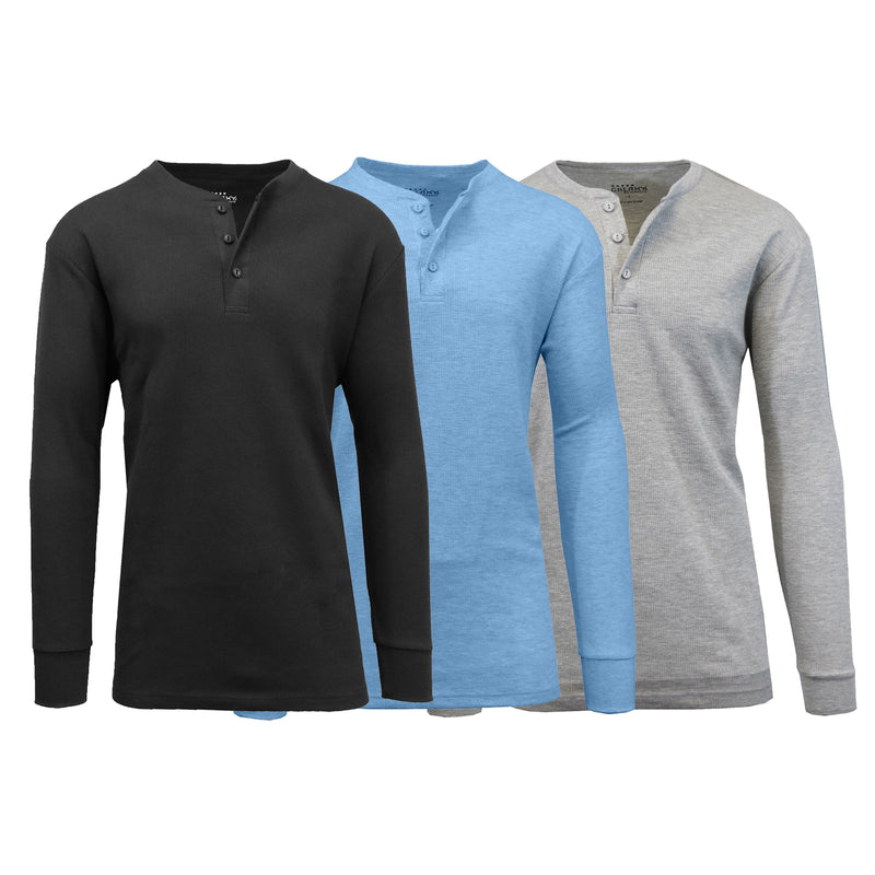 3-Pack: Men's Waffle-Knit Thermal Henley Tees Men's Clothing Black/Heather Blue/Heather Gray S - DailySale