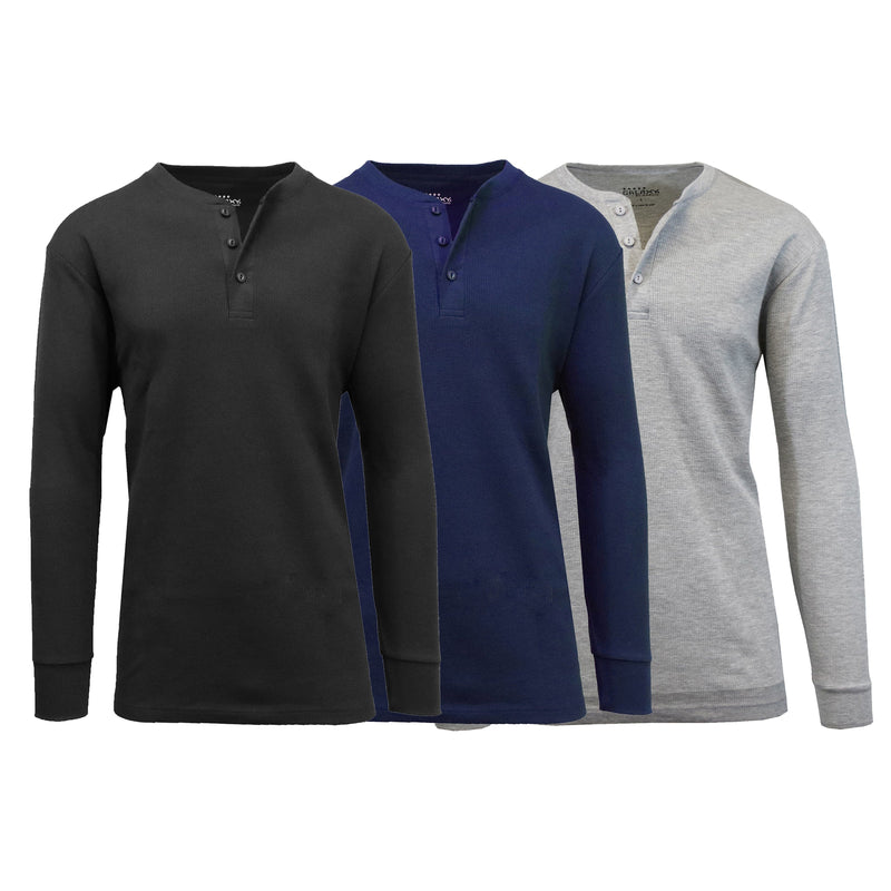 3-Pack: Men's Waffle-Knit Thermal Henley Tees Men's Clothing Black/Navy/Heather Gray S - DailySale