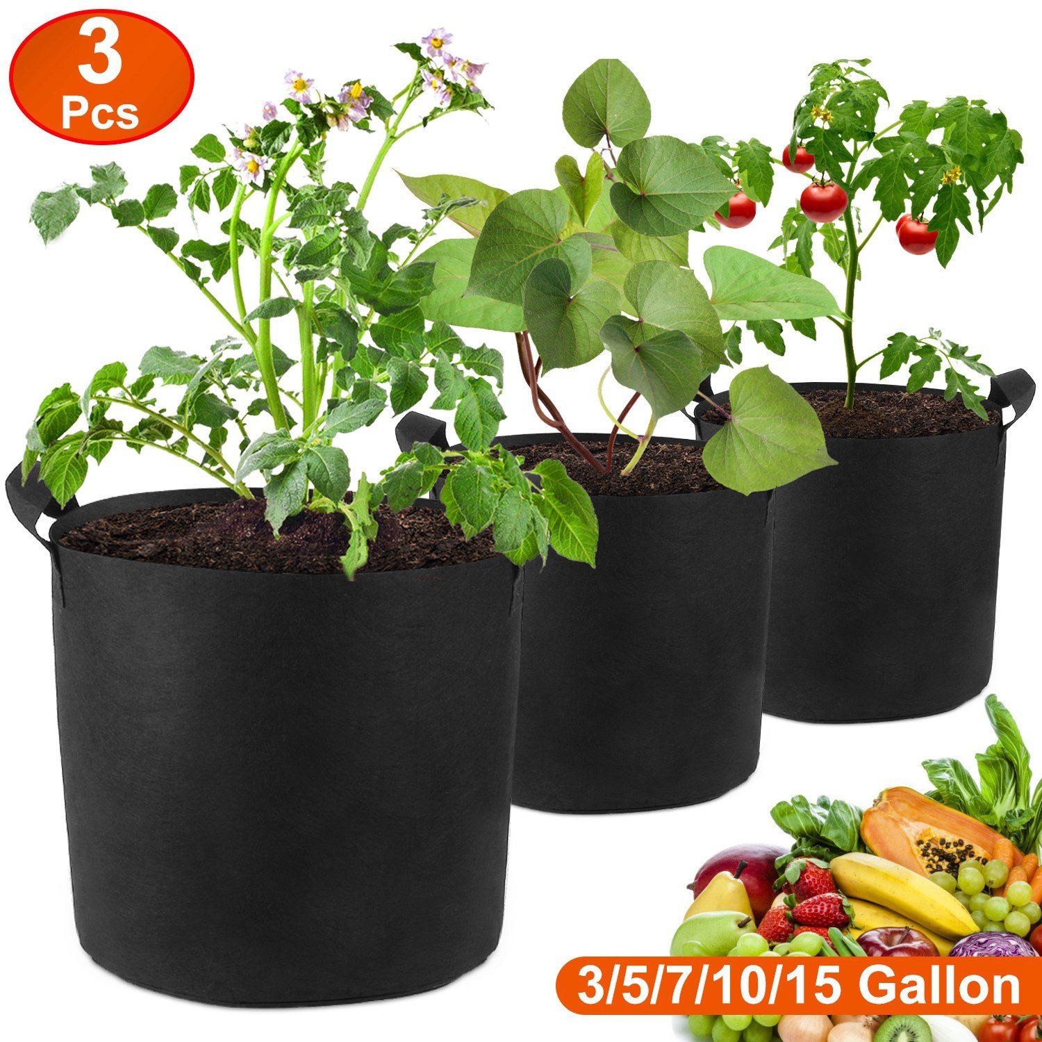 3-Pack: Planter Bags Breathable Planting Fabric Pots with Harvest Window Garden & Patio - DailySale