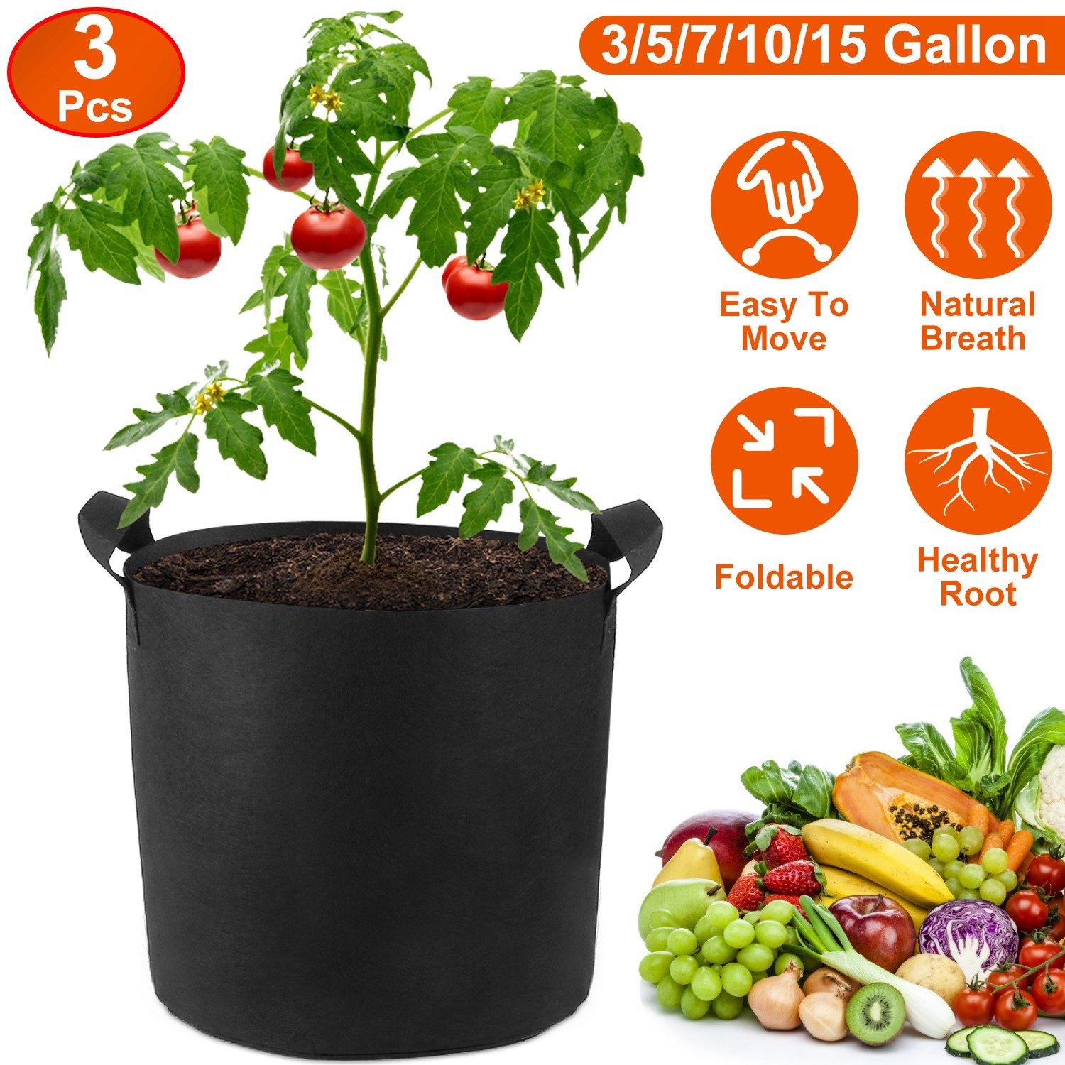 3-Pack: Planter Bags Breathable Planting Fabric Pots with Harvest Window Garden & Patio - DailySale