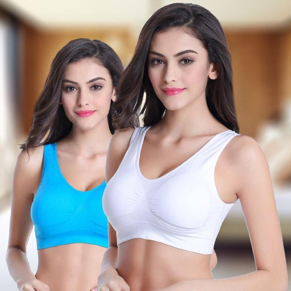 Two models wearing a blue and white bra from the 3-Pack: Seamless Miracle Bras with Removable Pads - Assorted Color Sets