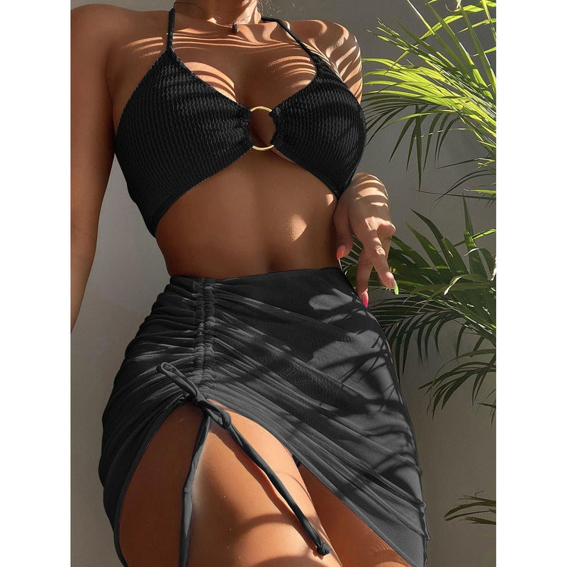 3-Pack: Textured Ring Linked Halter Bikini Swimsuit & Beach Skirt