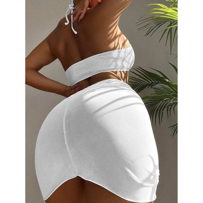 3-Pack: Textured Ring Linked Halter Bikini Swimsuit & Beach Skirt