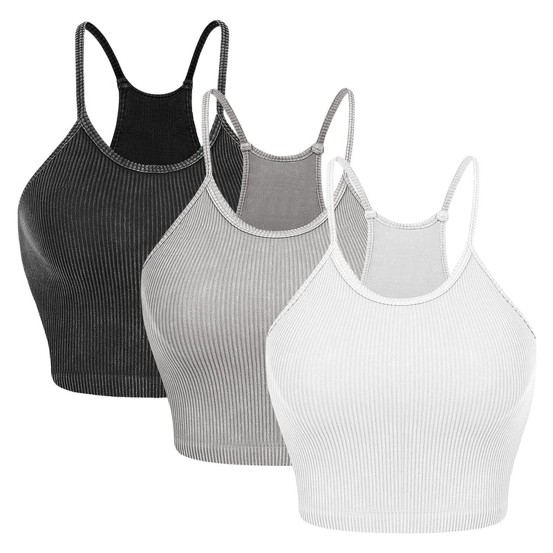 3-Pack: Women Crop Basic Tank Top Ribbed Knit Sleeveless Women's Tops Black/White/Light Gray S - DailySale