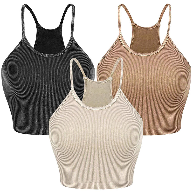 3-Pack: Women Crop Basic Tank Top Ribbed Knit Sleeveless Women's Tops Dark Gray/Khaki/Beige M - DailySale