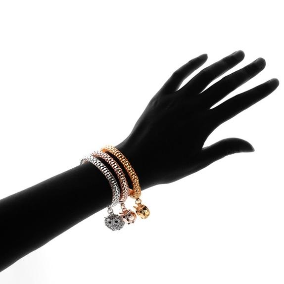 3-Piece: 18K Tri-Tone Owl Charm Stretch Popcorn Bracelet Set Jewelry - DailySale