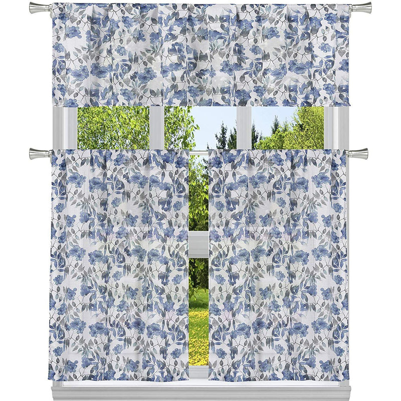 3-Piece: Chic Floral Pattern Semi-Sheer Kitchen Curtain Tier and Valance Set Lighting & Decor Blue - DailySale