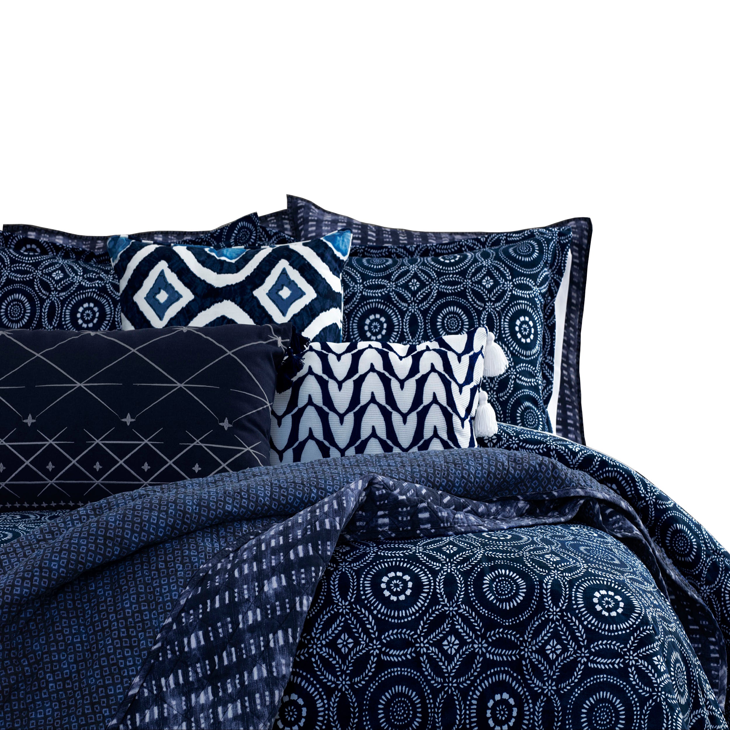 Front view of 3-Piece: Global Indigo Mudcloth Cotton Quilt Set placed on a queen-size bed