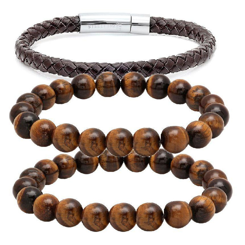 3-Piece Set: Brown Leather Stainless Steel & Genuine Tiger Eye Beaded Bracelet Set Bracelets - DailySale