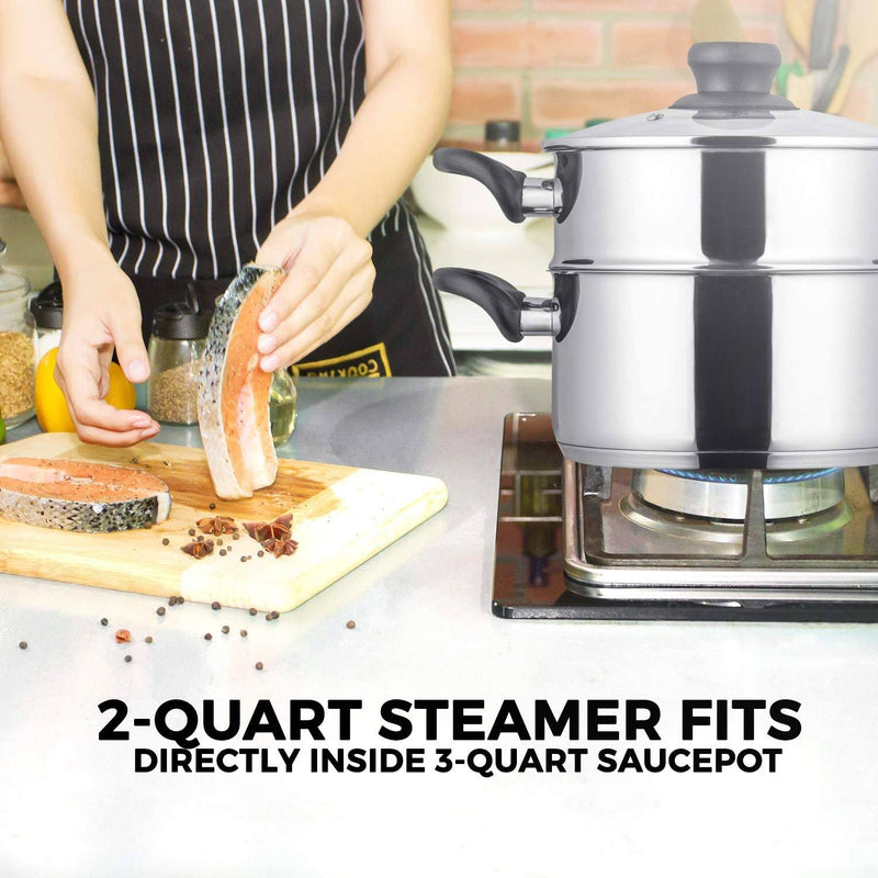 3-Piece Set: Chef's Star Stainless Steel Cookware 2 Quart Steamer Basket Set Kitchen & Dining - DailySale