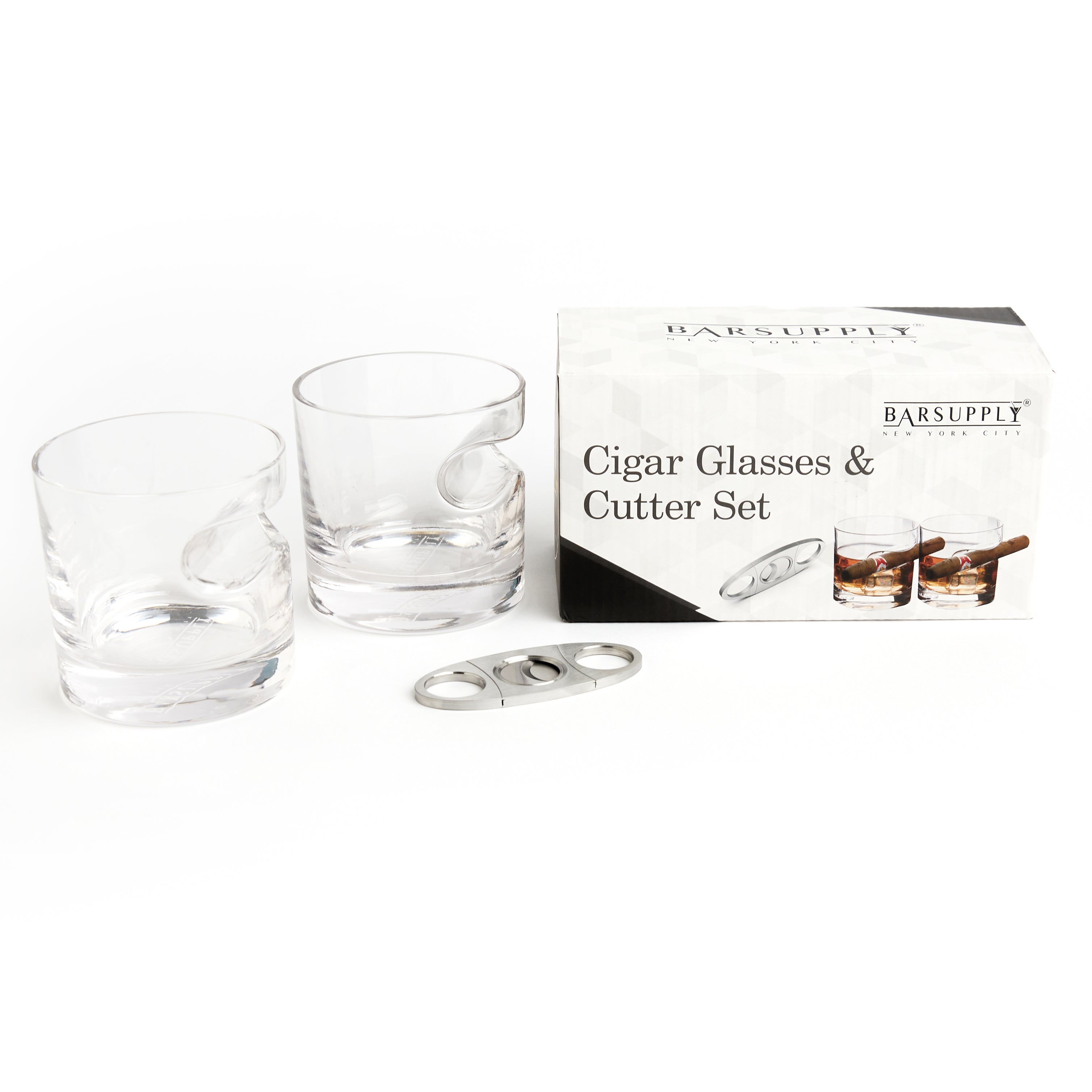 3-Piece Set: Cigar-Holding Whiskey Glasses with Cigar Cutter Wine & Dining - DailySale