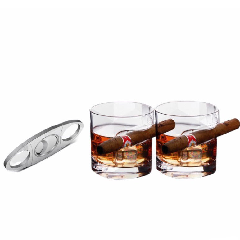3-Piece Set: Cigar-Holding Whiskey Glasses with Cigar Cutter Wine & Dining - DailySale