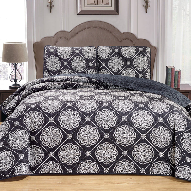 3-Piece Set: Medallion Reversible Oversized Bedspread Coverlet Quilt Bed Cover Bedding Black - DailySale