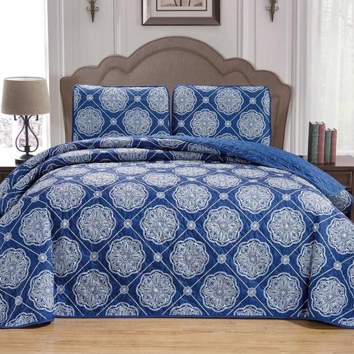 3-Piece Set: Medallion Reversible Oversized Bedspread Coverlet Quilt Bed Cover Bedding Blue - DailySale
