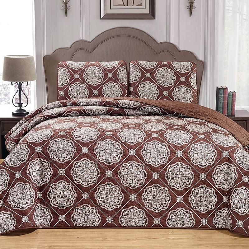 3-Piece Set: Medallion Reversible Oversized Bedspread Coverlet Quilt Bed Cover Bedding Chocolate - DailySale