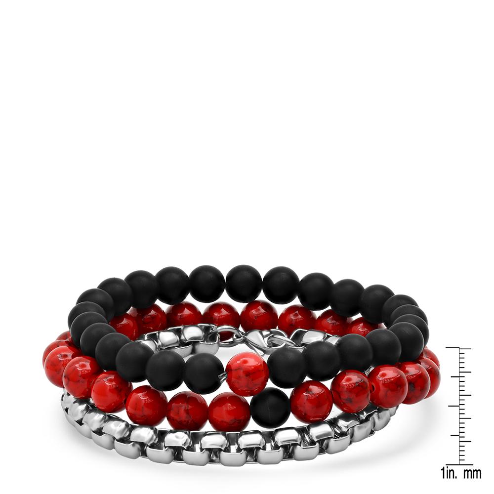 3-Piece Set: Men's Black Lava, Red Agate And Round Box Link Bracelets Bracelets - DailySale