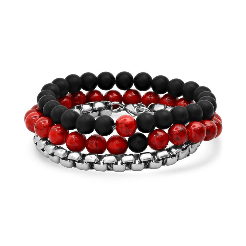 3-Piece Set: Men's Black Lava, Red Agate And Round Box Link Bracelets Bracelets - DailySale