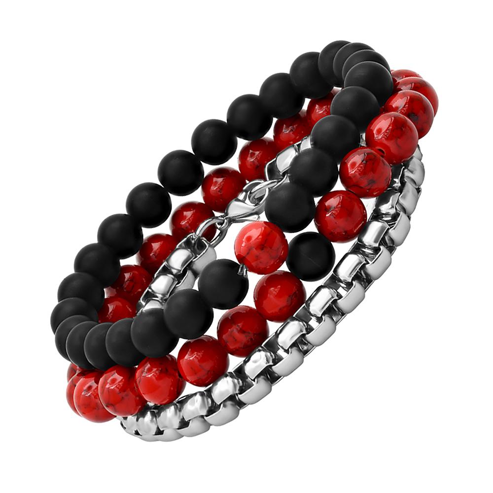 3-Piece Set: Men's Black Lava, Red Agate And Round Box Link Bracelets Bracelets - DailySale