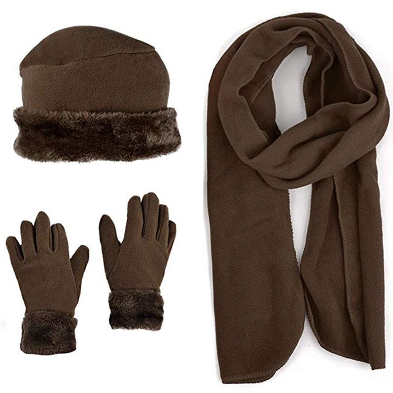 3-Piece Set: Women's Warm Fleece Winter Set Fur Trim Women's Apparel Brown - DailySale