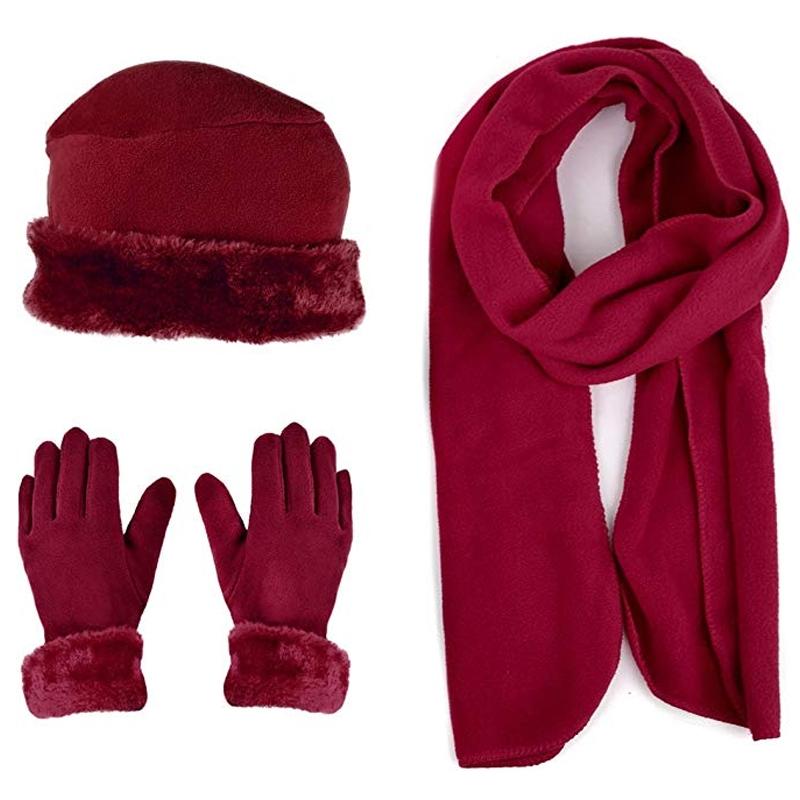 3-Piece Set: Women's Warm Fleece Winter Set Fur Trim Women's Apparel Burgundy - DailySale