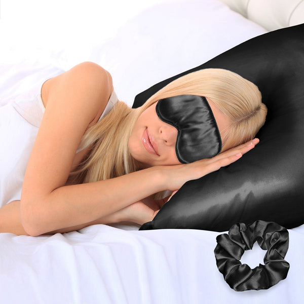 3-Piece: Super Soft Luxury Satin Facial and Hair Care Pillowcase, Eye Mask and Scrunchie Bedding Black Queen - DailySale