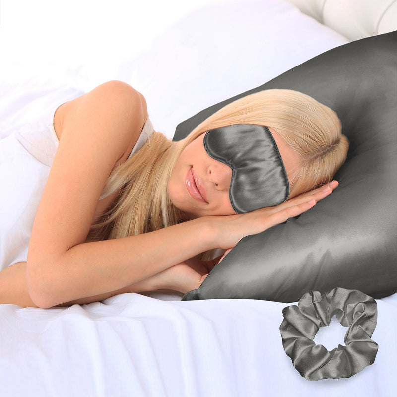 3-Piece: Super Soft Luxury Satin Facial and Hair Care Pillowcase, Eye Mask and Scrunchie Bedding Gray Queen - DailySale