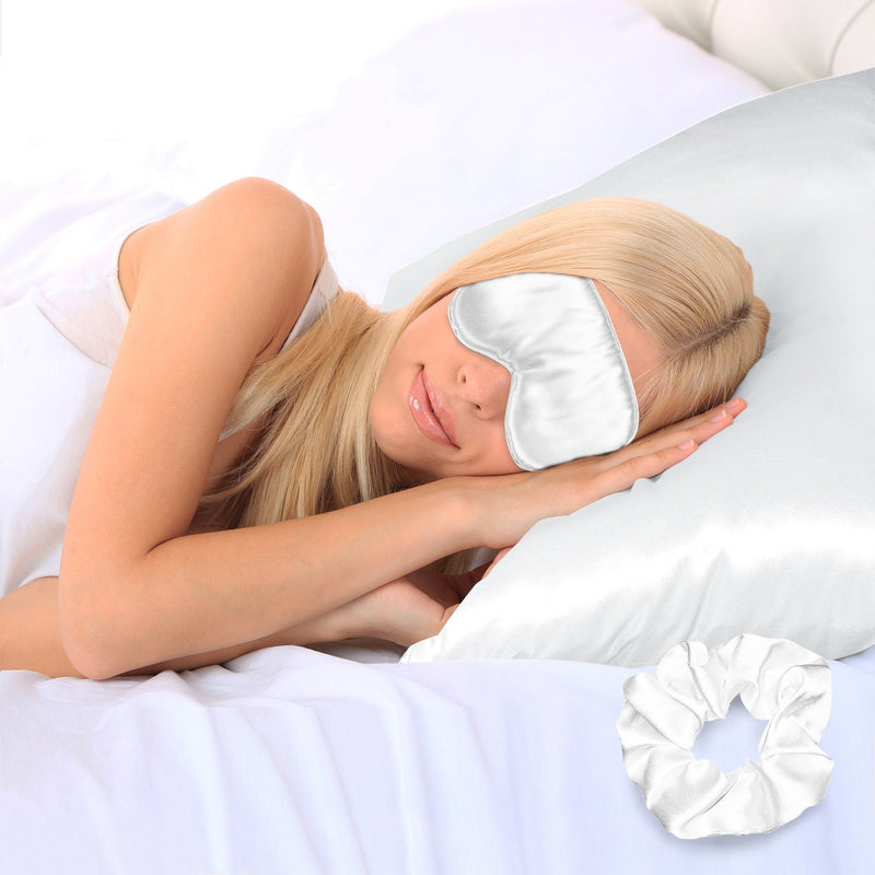 3-Piece: Super Soft Luxury Satin Facial and Hair Care Pillowcase, Eye Mask and Scrunchie Bedding White Queen - DailySale