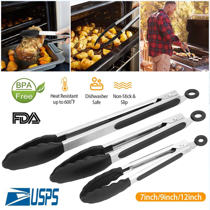 3-Pieces: Kitchen Tongs Stainless Steel with Silicon Kitchen & Dining - DailySale