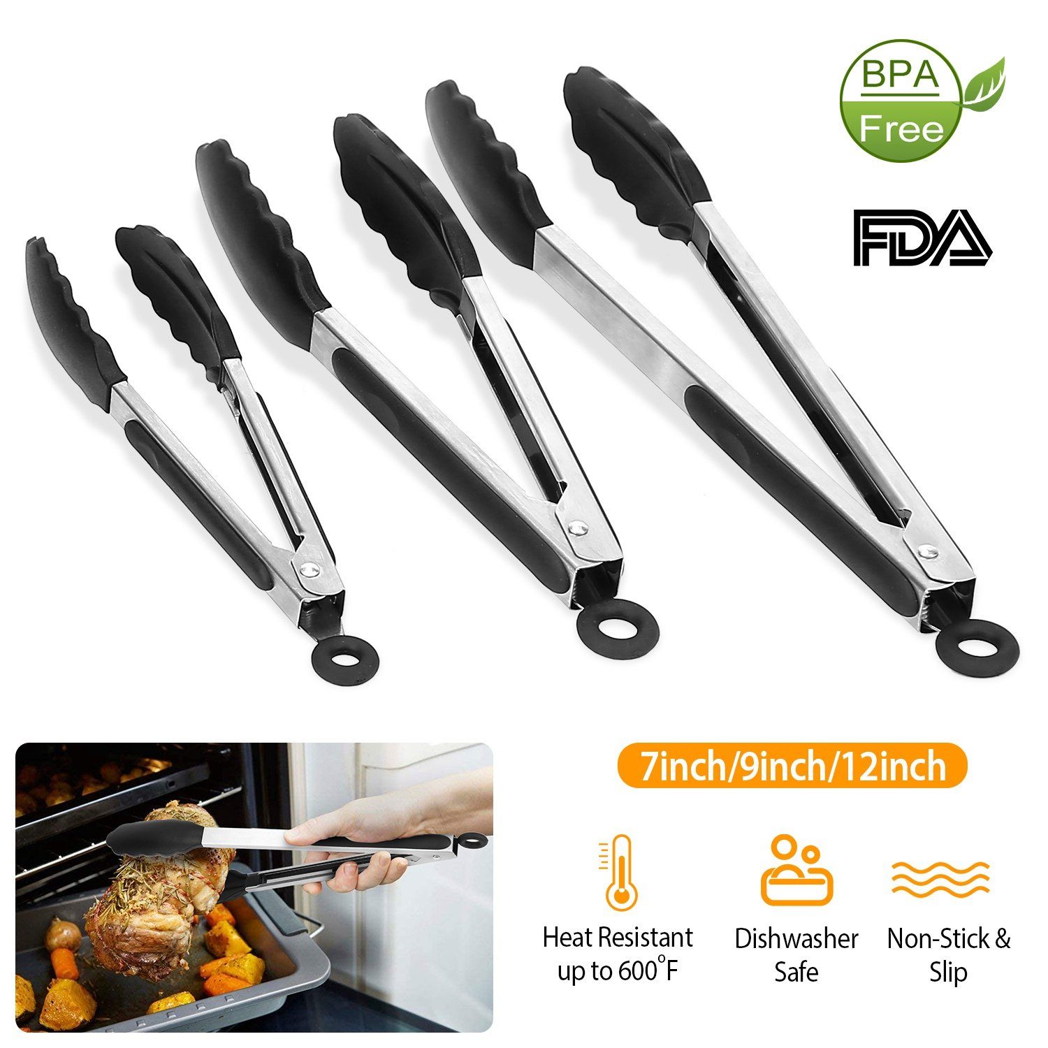 3-Pieces: Kitchen Tongs Stainless Steel with Silicon Kitchen & Dining - DailySale