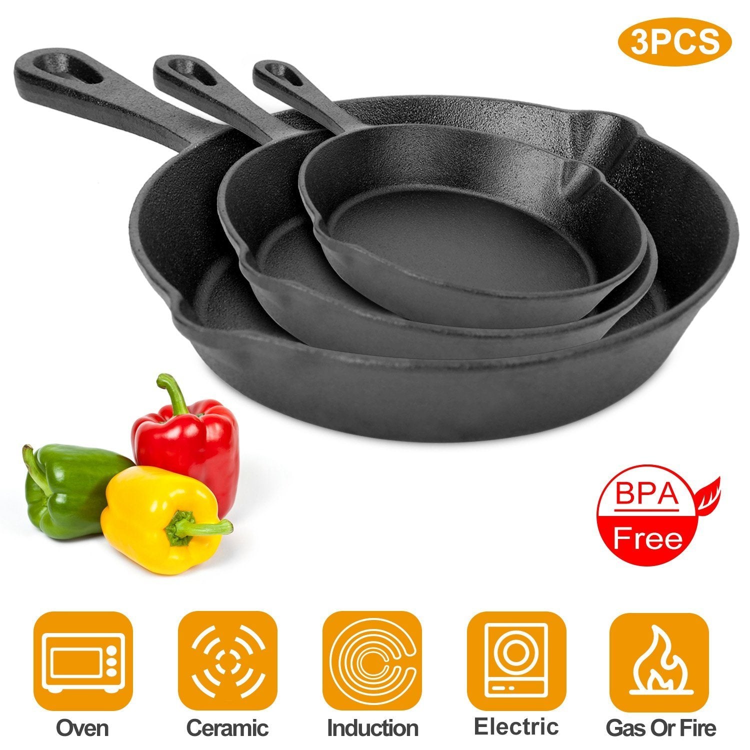 3-Pieces: Pre-Seasoned Cast Iron Skillet Kitchen & Dining - DailySale