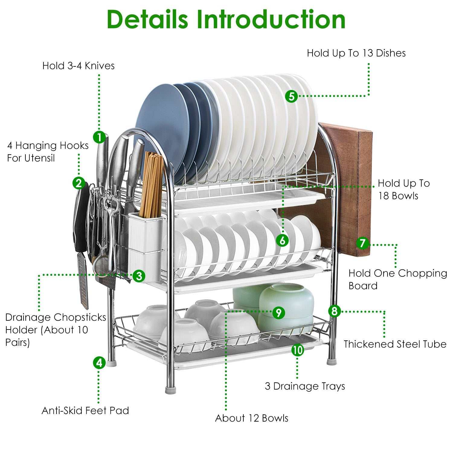 3-Tier Dish Drying Rack Shelf with 3 Drain Trays Chopping Board Kitchen Storage - DailySale