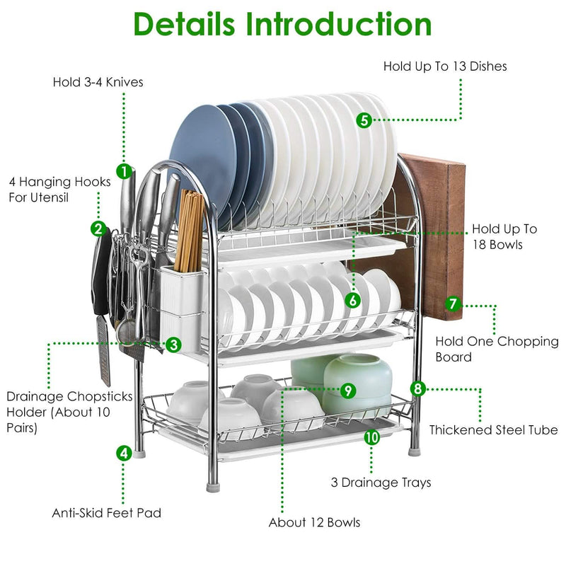 3-Tier Dish Drying Rack Shelf with 3 Drain Trays Chopping Board Kitchen Storage - DailySale