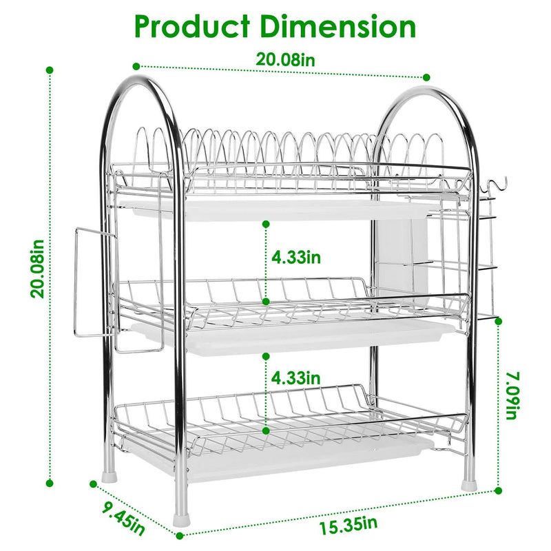 3-Tier Dish Drying Rack Shelf with 3 Drain Trays Chopping Board Kitchen Storage - DailySale